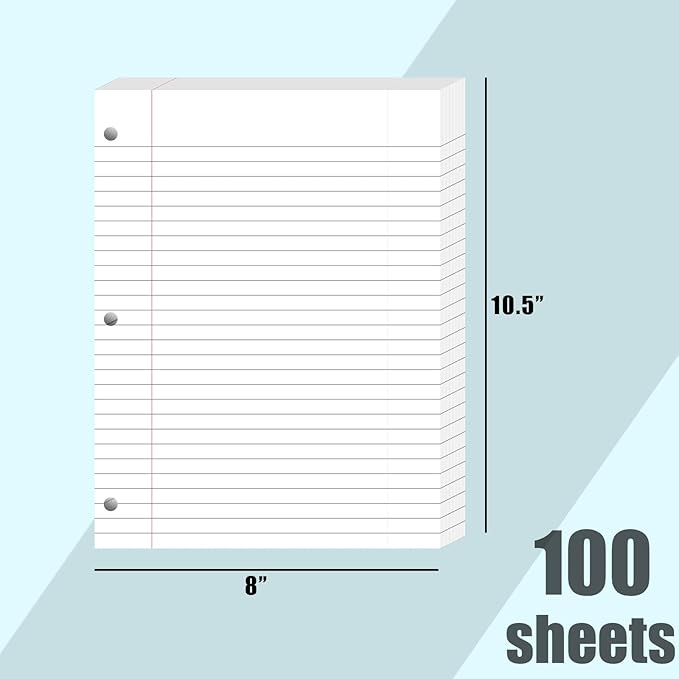 Koogel White Filler Paper, 3 Hole Punched, 100 Sheets Loose Leaf Wide Ruled Lined Notebook Paper, 8" x 10-1/2" Filler for Notebooks, School Office Writing Supplies, Fights Ink Bleed, White