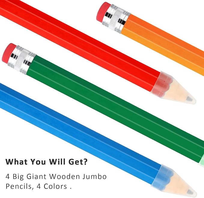 Gersoniel 4 Pack 14 Inch Wooden Jumbo Pencils Big Giant Large Huge Wood Pencil Prop with Eraser Novelty Funny Pens Gag Gifts for Office Classroom School Favors Supplies(Blue, Red, Green, Yellow)
