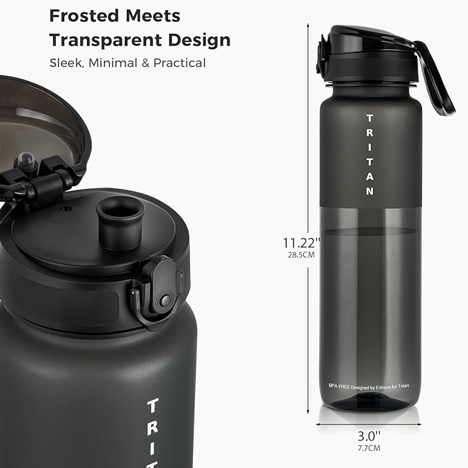 32oz Water Bottle with Chug Lid, Frosted & Clear Tritan BPA-Free, Leakproof, Wide Mouth, Portable Sports Water Bottle for Gym, Office, Travel, Outdoor (Black)