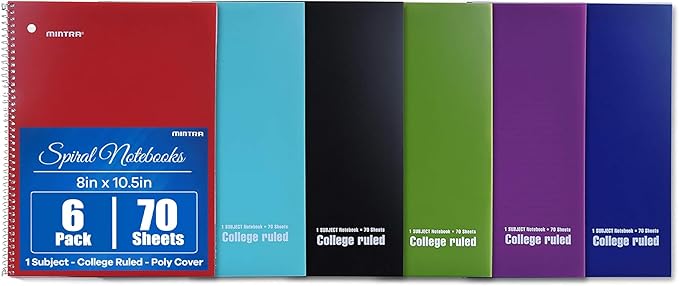 Mintra Office Spiral Notebooks Set - Primary Colors, College Ruled, Poly Waterproof Covers, Journals for School, Work, Business, Writing Pads, Teacher & Student Supplies, 70 Sheets Each, 6-Pack