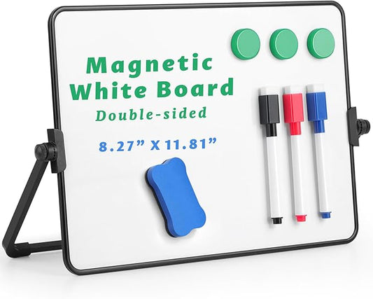 Dry Erase Whiteboard for Students,Small Mini Magnetic Double-Sided Desktop White Board with Stand,Portable Small Whiteboard with 3 Markers/3 Magnets/1 Eraser for Drawing, Home, School,8.27" x 11.8"