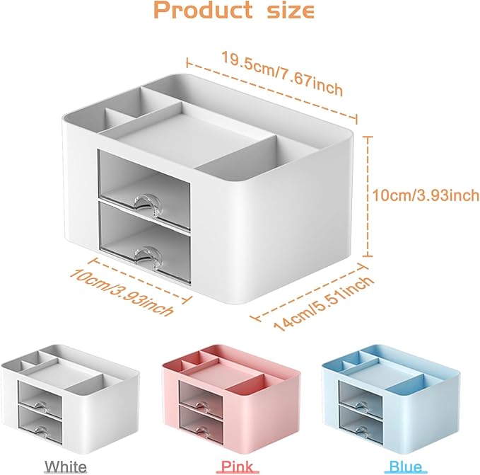 Cayxenful Pencil Pen Holder for Desk,2 Drawer Desk Organizers,5 Compartments Desktop Storage Stationery Supplies Organizer, Cute Pencil Cup Pot For Office, School, Home(White)