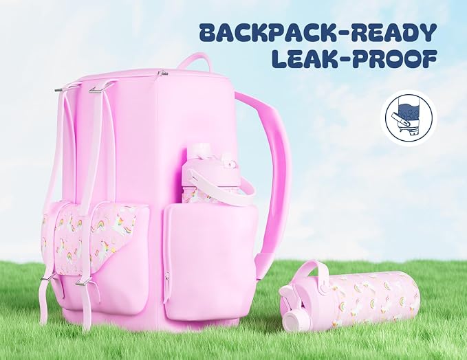 18 oz Kids Water Bottle for Girls: BPA-Free, Leakproof, Easy Carry, Durable Straw Spout Lid, 24H Cold, Cute Patterns, Insulated Stainless Steel Cup for School, Travel, Camping, Daily (Rainbow Unicorn)