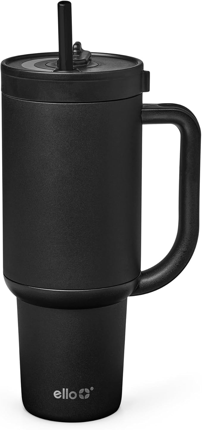 Ello Oasis 40oz Tumbler with Handle & Retracting Straw | Reusable Insulated Stainless Steel Cup 100% Leakproof | Gifts for Teens Women Men | Keeps Cold for 24 Hours | Cup Holder Friendly | Black