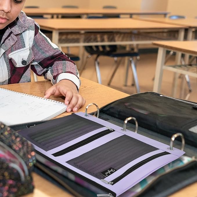 SKYDUE Pencil Pouch for 3 Ring Binder, 3 Pockets and Mesh Window | Zipper Pencil Pouch Pencil Bag with 3 Reinforced Grommets, Durable Organizer for School Supplies, Cables, Earbuds, Makeup