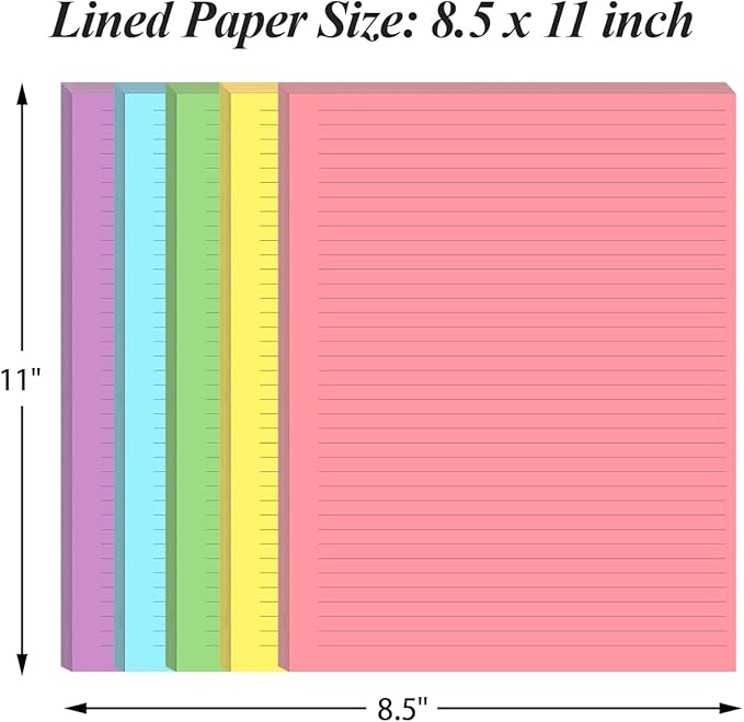 (3-Pack) Colorful Unpunched Lined Paper - 300 Sheets/600 Pages Loose Leaf Paper Line Refills, Per Color 60 Sheets, 8.5" x 11"