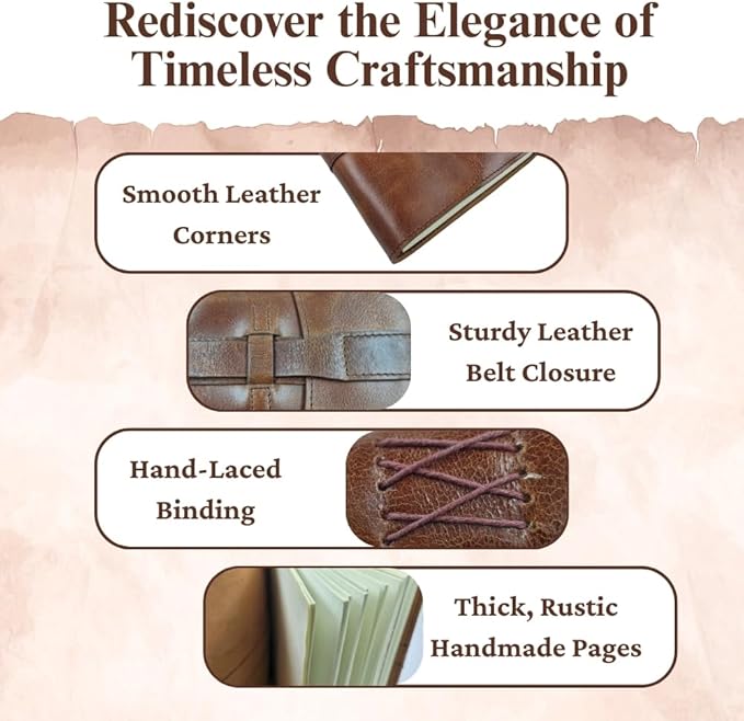 Leather Journal Writing Vintage Notebook 6x8 - Genuine Leather Bound Notebook Loop Strap Closure with 200 Pages 125 GSM Recycled Cotton Paper