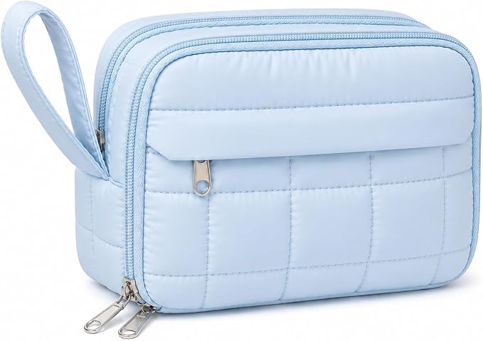 Puffer Quilted Pencil Pouch for Women, Large Capacity Organizer Bag with Multiple Compartments, Cute Aesthetic Pencil Case for Office, Travel & Daily Essentials(beige)