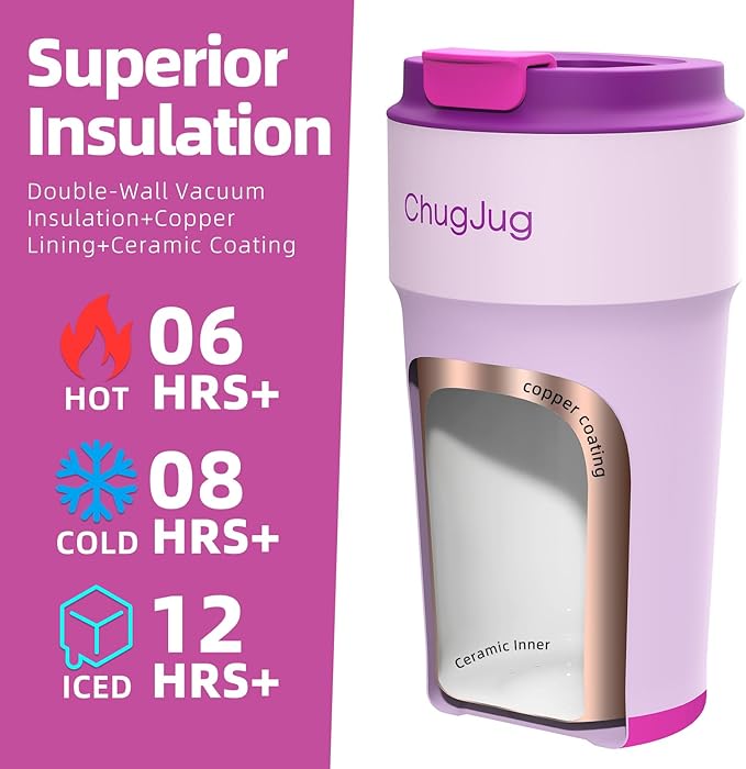 16 oz Travel Coffee Mug with Ceramic Coating, Leak-Proof Vacuum Insulated Coffee Tumbler with Lid, Reusable Double Wall Stainless Steel Travel Cup for Hot& Cold Drinks (Violet Dream)