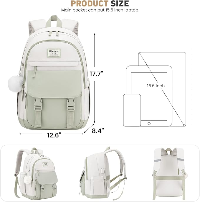 WINDARS School Backpack with Lunch Box for Teen Girls, Cute College Backpacks for Women Students Aesthetic Bookbag Large 15.6 Inch Laptop Bag Middle School Travel Back Pack (Green Beige-3 Pcs)