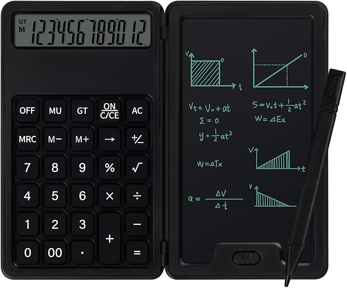 Desk Portable Basic Calculator, Small Mini Calculators with Writing Notepad and Stylus, More Lightweight and Portable, 12Digit Large Display Multi-Function for Office, School, Home & Financial (Black)