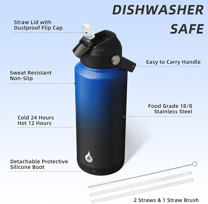 BJPKPK 32oz Insulated Water Bottle, Stainless Steel Bottle with Straw Lid | Soft Silicone Nozzle, Keep Cold & Hot, Leak-Proof BPA-Free Metal Bottle with Flex Handle for Travel, Gym & Everyday Hydration