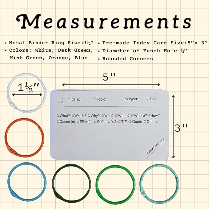 Tailored Flashcards to Curate Note Cards 5x3" Heavy Duty White Pre-made Index Cards with Rings, 450 Pack,2 Kraft Covers, 6 Binder Rings for Nursing College Students.