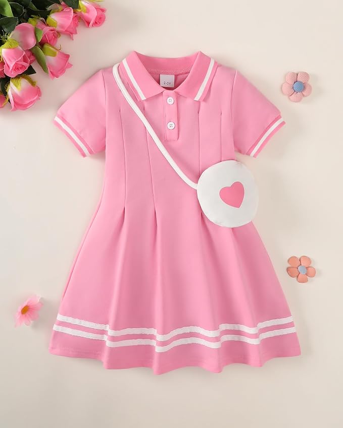 Renotemy Infant Baby Girl Dress Toddler Girls Summer Clothes School Outfits Cotton Short Sleeve Polo Dresses with Bag 12M-5T