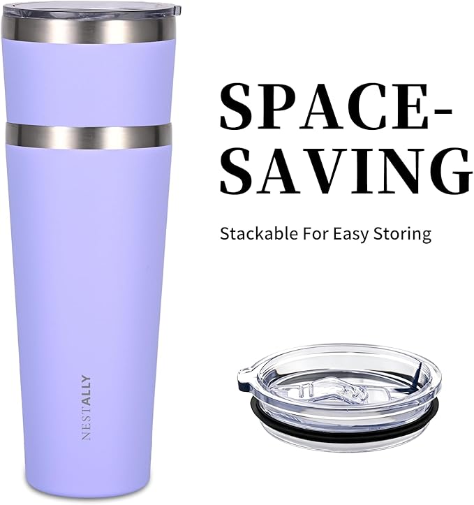 NESTALLY Coast 20oz Stainless Steel Tumbler, Extra Capacity Holds Up to 22oz, Double Wall Vacuum Insulated Travel Coffee Mug with Lid & Metal Straw, Leakproof Reusable Cup for Travel (Lavender)