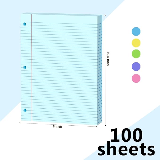 Blue Loose Leaf Paper 200 Sheets Colored Filler Paper 2 Pack 8 * 10.5 College Ruled 3-Hole Punched Paper for 3-Ring Binders Notebook Lined 8" x 10.5"