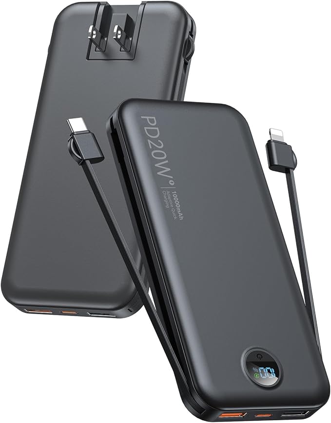 citicr Portable Charger, 10000mAh PD20W Fast Charging Power Bank with Built-in Cables & Wall Plug, External Battery with LED Display, Travel Battery Bank for iPhone, iPad, Samsung Matte Black
