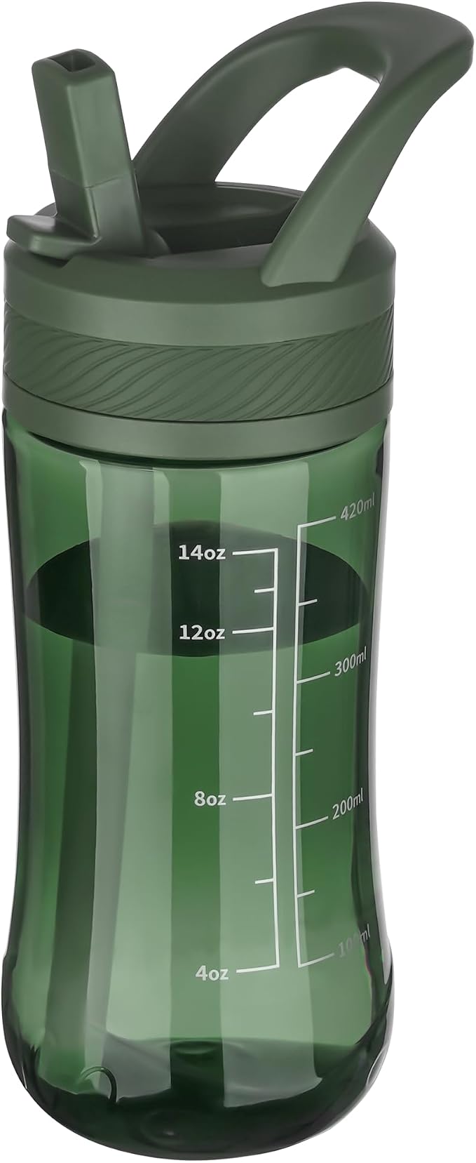 14oz Clear Kids Water Bottle with Straw Lid, BPA-Free Tritan, Measurement Scale, Sturdy Handle Wide Mouth Leak-proof Reusable Plastic Bottle for Boy& Girls, Back to School（Army Green）