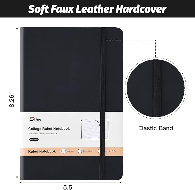 SUIN 6 Pack A5 Hardcover Lined Journal Notebooks, 200 Pages, Black