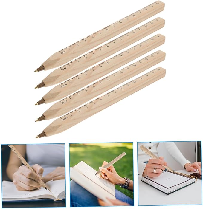PRETYZOOM 20pcs Black Ballpoint Pens Wooden Carpenter Signature Pens with Printed Ruler Scale Natural Biodegradable Material for Construction and Engineering Use
