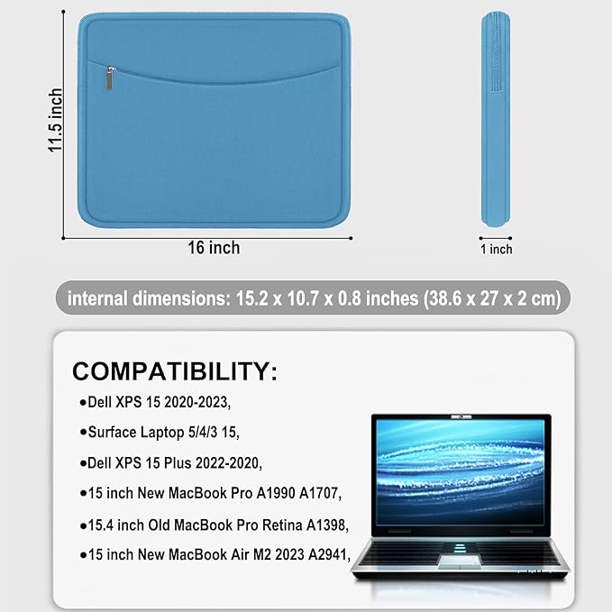 Laptop Case Sleeve 15.6 inch, Shockproof Protective Laptop Cover Briefcase Carrying Computer Bag with Accessory Pocket, Computer Bag Compatible with MacBook, HP, Dell, Lenovo, Asus, Light Blue