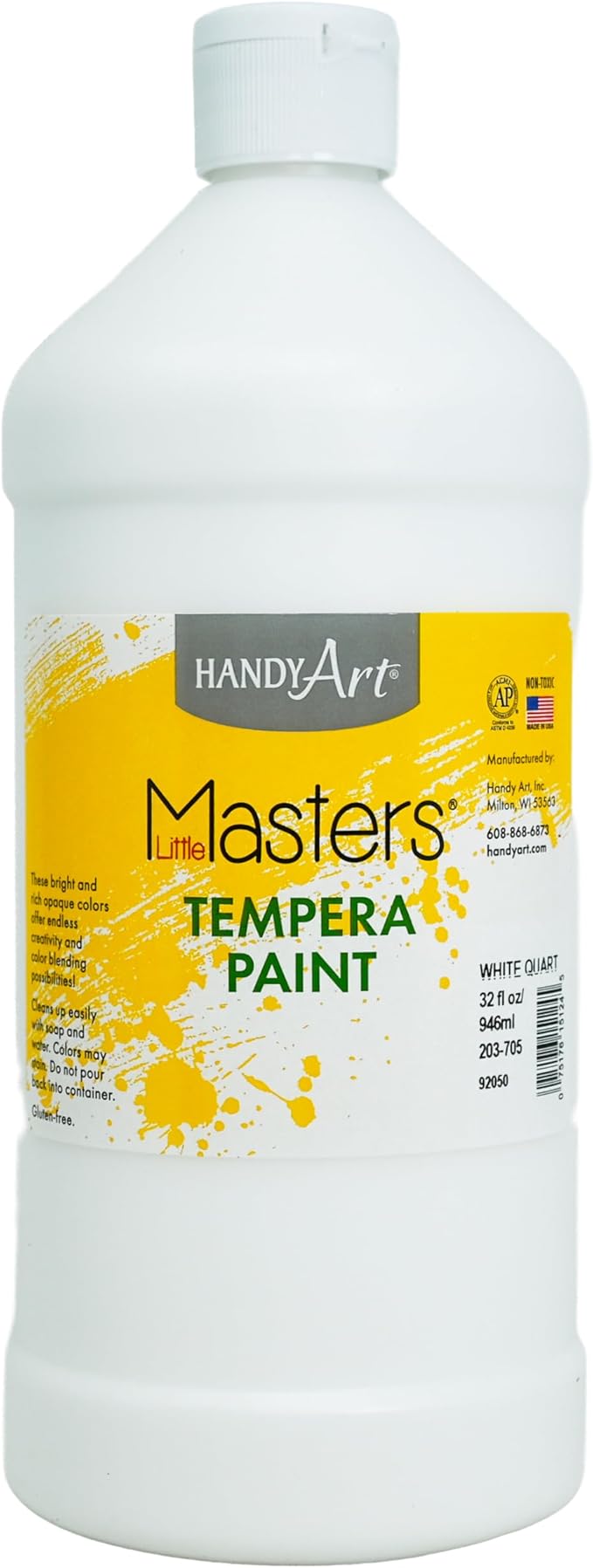 Handy Art Little Masters Tempera Paint, White, 32 oz Bottle, Bright & Mixable, High Opacity, Washable Colors for Classroom, Students, Kids, Young Artists, Safe & Non-Toxic, Made in USA