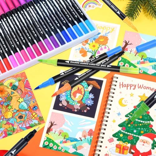 Coloring Markers, Dual Fine Tip And Brush Tip Markers Pens for Adult Coloring Book, 36 Colors Dual Marker Water-Based, Art Drawing Supplies Marker s Kit for Calligraphy, Illustrations, DIY Crafts