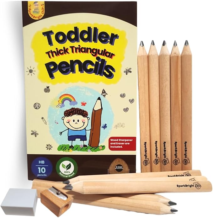 Toddler Pencils Thick Flat Jumbo Triangular Shape for Writing Beginners, Preschoolers, Early Learners, and those with Special Needs. Sets of 10 natural wood pencils with a wood sharpener and eraser