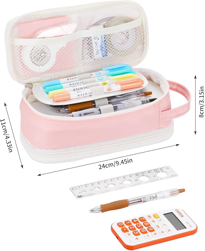Dugio Large Pencil Bag for Girls School Organizer Pencil Case Big Pink | Teens Kids Zipper Pencil Pouch Aesthetic Pencil Box for School Supplies, Wear-resistant Fabric, Thick Multi-layer Fabric