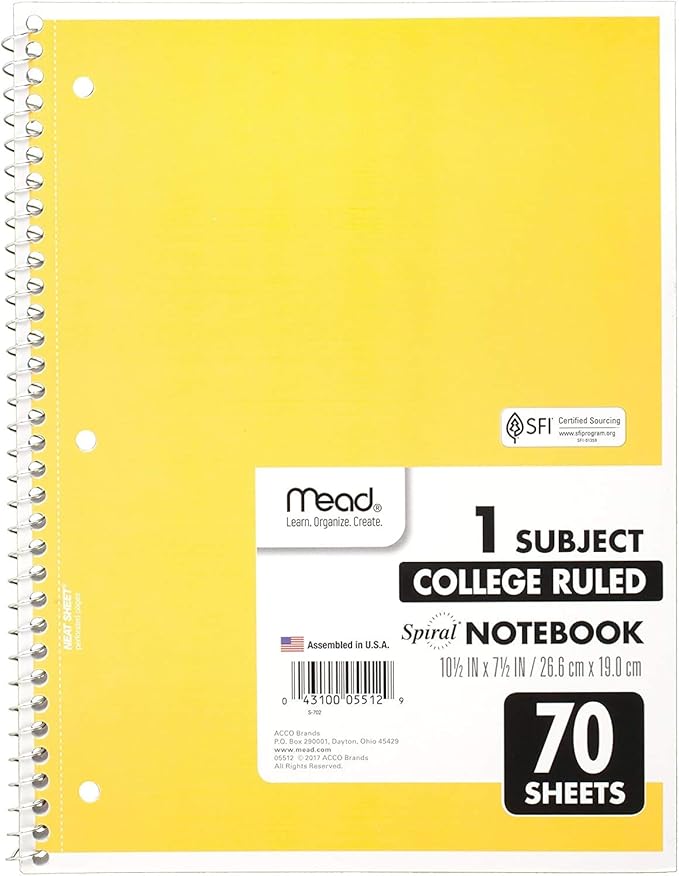 Mead Spiral Notebooks, 1 Subject, College Ruled, 70 Sheets, Assorted Colors, Color Selected For You May Vary, 1 Count (05512) (Pack of 2)