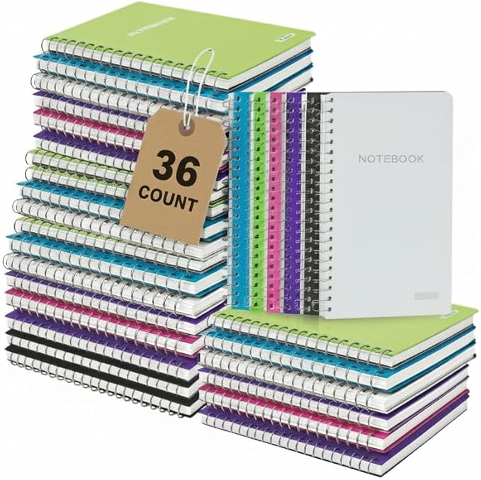 BAZIC PRODUCTS Spiral Notebook, Composition Book, 5" x 8" Poly Cover Spiral Notebook, College Ruled 100 Sheet Notebook for School, Office, & Home Use, Assorted Color, 36-Pack