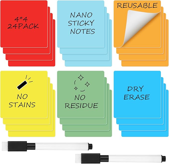 Crtiin 24 Pack Dry Erase Sticky Notes Reusable Whiteboard Stickers Washable Erasable Self Sticker with 2 Whiteboard Markers for School Office Labels Lists Reminder (Colorful, 3 x 3 Inch)