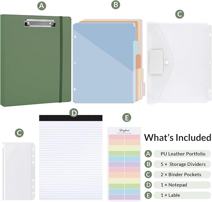 SKYDUE 3 Ring Binder with Clipboard, 13.2" × 10.2" Faux Leather 1 Inch Binder Organizer with 5 Pocket Dividers, Notepad, Labels & 2 Storage Pockets for Teachers, Students, Nurses & Office Work