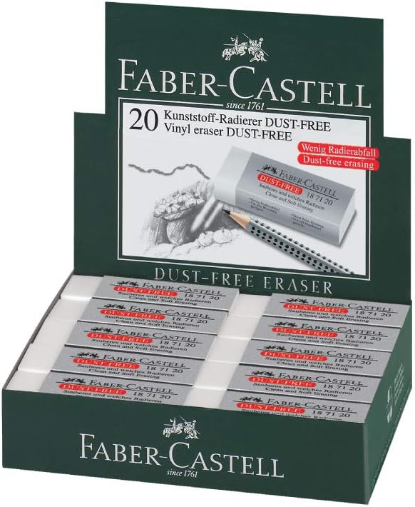 Faber-Castell Dust Free White Eraser (Box of 20) - Soft Erasing, Comfort Edge, Latex Free, Great for Black Lead Erasing for School, Office & Home