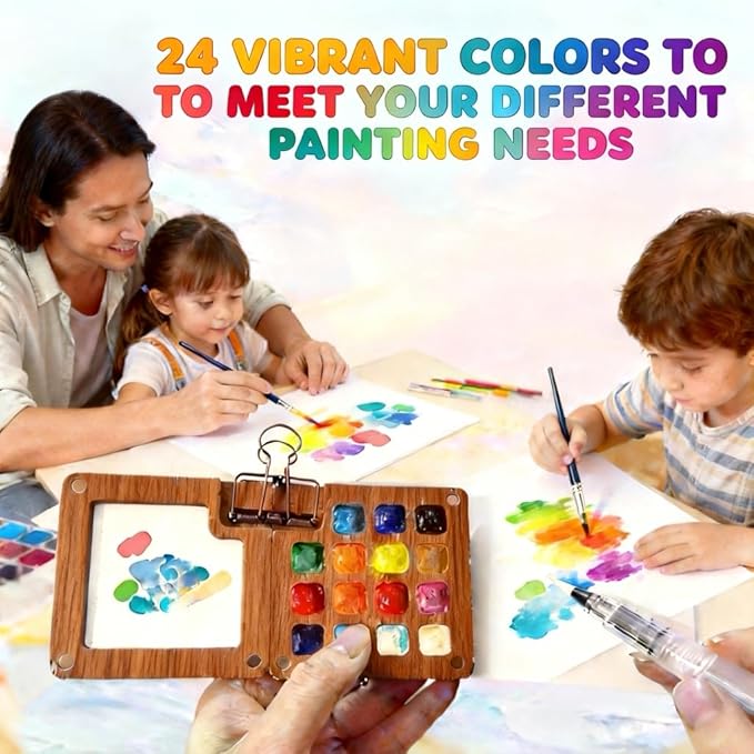 Portable Mini Watercolor Paint Set, 24 Colors Travel Watercolor Kit with Wooden 15 Grid Palette, Sketchbook, Brush & Waterproof Bag for Beginners, Artists, Outdoor Painting