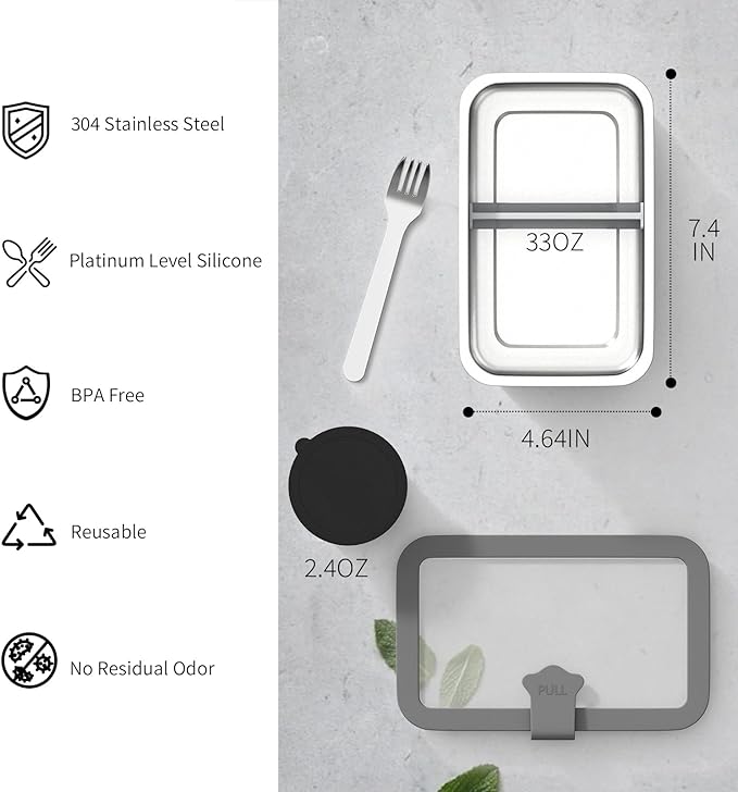 Bakpoco Stainless Steel Bento Box for Kid, 33oz Leak-Proof Lunch Box Containers with Adjustable Divider, Microwave-Safe, Metal Lunchbox for School Travel