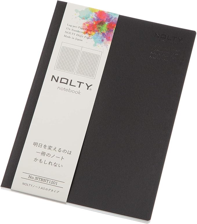 NOLTY Notebook, A5 Log Type, 3.5mm Grid, 176 Pages, Made in Japan, Black, NTBNT1201