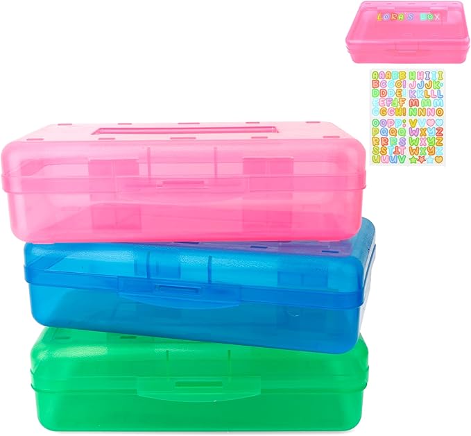 Blue Pink Green Hard Pencil Case Plastic Clear Pencil Box Crayon Box Organizer 3 Pack Office Supplies Storage Container Organizer Boxes for Pens Crayon School Stylish Office Supplies Storage Medium