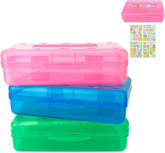 Blue Pink Green Hard Pencil Case Plastic Clear Pencil Box Crayon Box Organizer 3 Pack Office Supplies Storage Container Organizer Boxes for Pens Crayon School Stylish Office Supplies Storage Medium