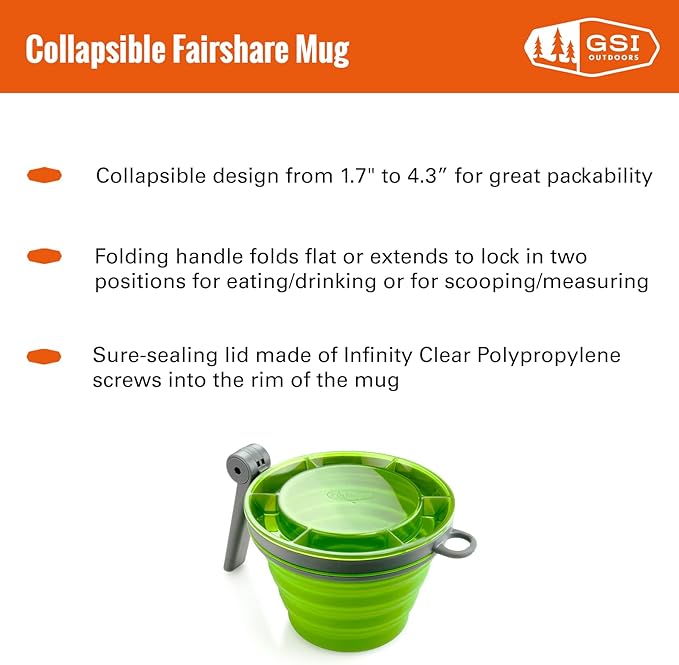 GSI Outdoors Fairshare Mug, 22 Ounce Collapsible Mug for Camping, Trail, Travel or Office - Green