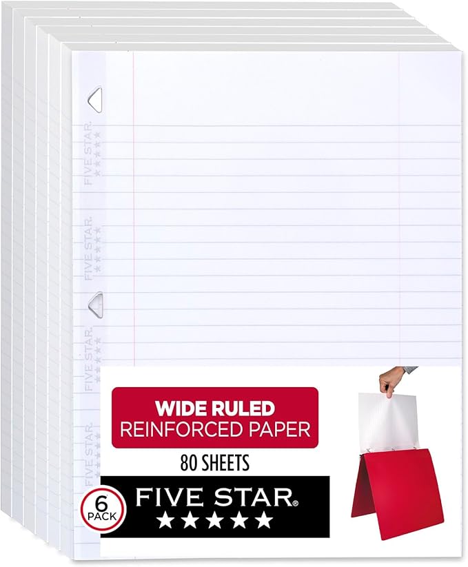 Five Star Loose Leaf Paper, 6 Pack, Notebook Paper, Wide Ruled Filler Paper, Reinforced, Fights Ink Bleed, 8 x 10.5, 80 Sheets per Pack (150025)
