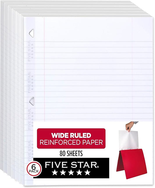 Five Star Loose Leaf Paper, 6 Pack, Notebook Paper, Wide Ruled Filler Paper, Reinforced, Fights Ink Bleed, 8 x 10.5, 80 Sheets per Pack (150025)
