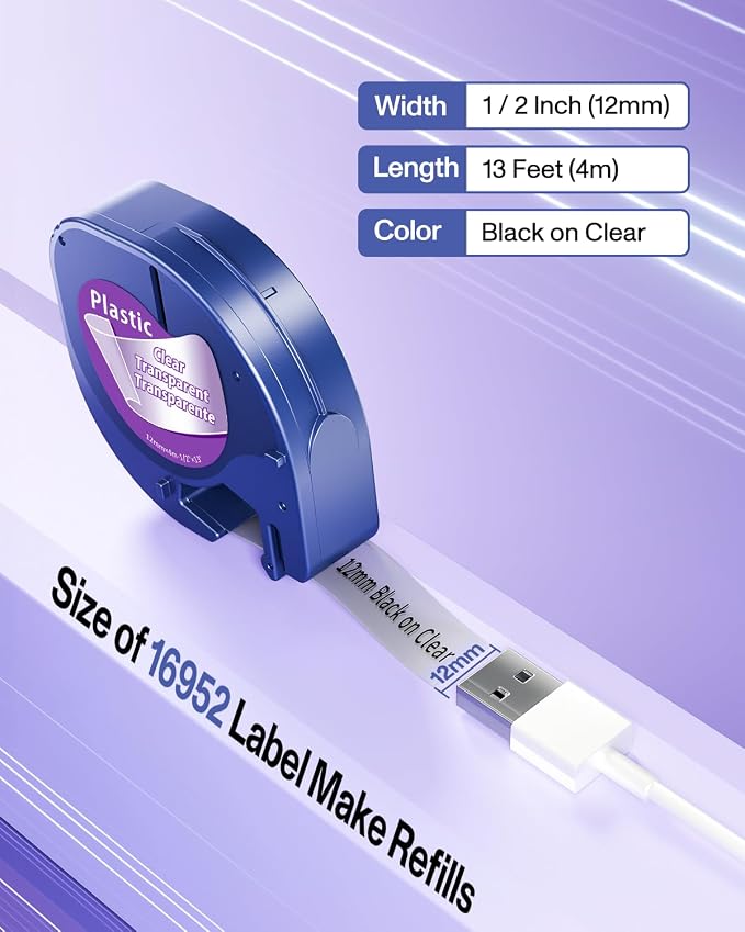 16952 Compatible with Dymo Letratag Refills Clear Plastic Label Maker Tape | Replacement for Dymo Letra tag Label Maker Refills for LT-100T LT-100H Plus 200B, 4-Pack