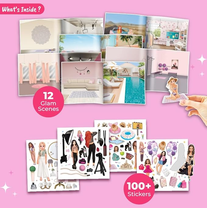 Sticker Activity Book for Toddlers, Scenic Stickers Airplane Travel Essential, Sticker Books for Girls Ages 4 and Up. with 100+ Stickers. Decorate Your Own 12 Glam Scene. Basket Filler