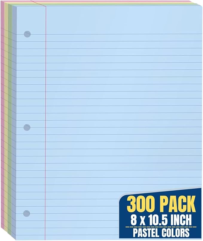 1InTheOffice Loose Leaf Paper Wide Ruled, Pastel Binder Pape, 8" x 10.5", Loose Leaf, 300 Sheets