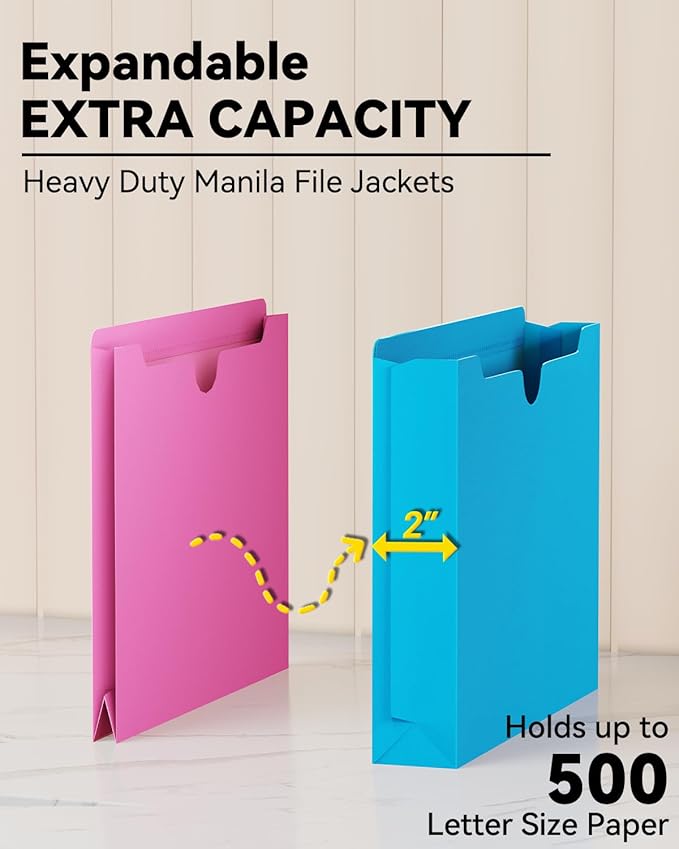 Ansook Plastic Manila File Jackets Letter Size,12 Pack Expanding Manila File Folders, Reinforced Straight Cut Tab,Heavy Duty 2" Expansion Manila Pocket Folders,Poly File Jacket Folders for Office,Home