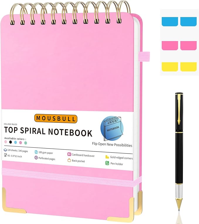 Top Spiral Notebook, A5 Hardcover Top Bound Steno Pads, 240 Pages 100gsm College Ruled Left Handed Notebook Journal for Work, School, Meeting Writing - Pink, 5.9" x 8.5"