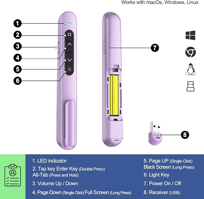 QUI 2 Pack Presentation Clicker, Hyperlink Volume Control Wireless Presenter, RF 2.4GHz USB Presentation Remote Control,PowerPoint Clicker Slide Advancer for Computer, Laptop, Mac (USB, Purple)