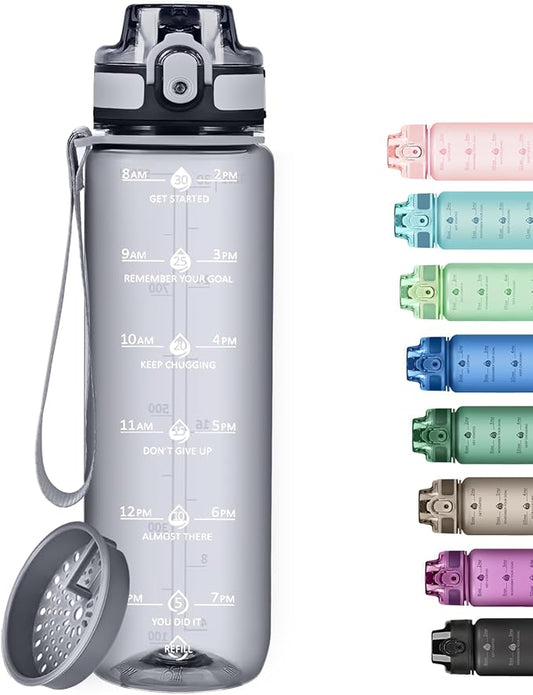 32oz Water Bottle with Time Marker, Motivational Drinking Bottle with Strap, BPA-Free Leak-Proof, Encouraging Water Bottle Time to Drink Water for Gym School Office Travel