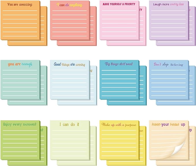 Yinder 12 Pcs Inspirational Sticky Notes Cute Motivational Sticky Notes Pad End of Year Employee Appreciation Gifts Bulk for Teacher Nurse Coworkers Office Supplies 3 x 3'' (Inspirational,Simple)